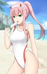 Rule 34 | 10s, 1girl, bad id, bad twitter id, beach, commentary request, competition swimsuit, cowboy shot, darling in the franxx, day, food, fuuma nagi, green eyes, hair over breasts, hairband, horns, licking, looking at viewer, one-piece swimsuit, outdoors, pink hair, ponytail, popsicle, solo, straight hair, swimsuit, tongue, tongue out, white hairband, white one-piece swimsuit, zero two (darling in the franxx)