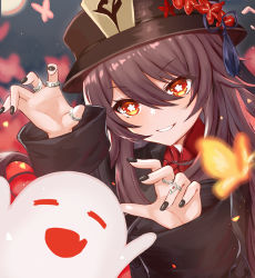 Rule 34 | 1girl, black coat, black hat, blush, breasts, brown hair, bug, butterfly, claw pose, coat, flower, genshin impact, ghost, grin, habu rin, hat, hat flower, highres, hu tao (genshin impact), insect, jewelry, long hair, long sleeves, looking at viewer, plum blossoms, red eyes, ring, small breasts, smile, solo, symbol-shaped pupils, twintails, very long hair
