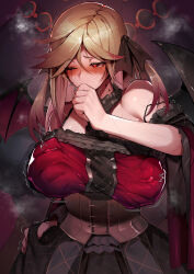 Rule 34 | 1girl, absurdres, alternate breast size, bare shoulders, bat wings, blonde hair, blush, breasts, clothes lift, colored tips, commission, corset, covering own mouth, cracked skin, detached sleeves, dress, dress lift, duel monster, gradient hair, groping, hair between eyes, hand under clothes, highres, huge breasts, long hair, multicolored hair, nipple stimulation, nipple tweak, one eye closed, pixiv commission, red eyes, red hair, ro g (oowack), scar, scar across eye, solo focus, sweat, trembling, vampire, vampire fraulein, wings, yu-gi-oh!