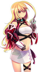 1girl :&lt; ahoge bandeau blonde_hair choker female_focus gradient_hair green_hair highres long_hair midriff milla_maxwell minikama multicolored_hair navel red_eyes skirt solo tales_of_(series) tales_of_xillia white_background