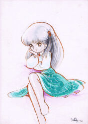 Rule 34 | 1980s (style), 1girl, azuma hideo, barefoot, blouse, brown background, expressionless, full body, green skirt, grey eyes, grey hair, hair ornament, hairclip, long hair, non-web source, oldschool, original, retro artstyle, scan, shirt, signature, sitting, skirt, solo, traditional media, watercolor pencil (medium), white shirt