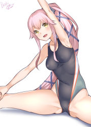 Rule 34 | 1girl, arms up, black one-piece swimsuit, bosshi, breasts, brown eyes, competition swimsuit, feet out of frame, grey one-piece swimsuit, hair ribbon, highres, kantai collection, long hair, medium breasts, one-piece swimsuit, pink hair, ponytail, ribbon, simple background, sitting, solo, stretching, swimsuit, very long hair, white background, yellow eyes, yura (kancolle)