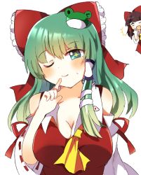 Rule 34 | + +, 2girls, aqua eyes, ascot, bare shoulders, blush, bow, breasts, brown hair, cleavage, collar, cosplay, finger to mouth, frog hair ornament, green hair, hair bow, hair ornament, hair tubes, hakurei reimu, hakurei reimu (cosplay), highres, kochiya sanae, large breasts, long hair, looking at viewer, medium hair, multiple girls, nontraditional miko, one eye closed, red bow, red shirt, shirt, sidelocks, simple background, sleeveless, smile, snake hair ornament, touhou, white background, white collar, yellow ascot, zerokosan