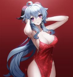 Rule 34 | 1girl, ahoge, alternate costume, ankkoyom, armpits, arms up, bare shoulders, blue hair, blush, breasts, cleavage, cowboy shot, dress, earrings, evening gown, eyebrows hidden by hair, ganyu (genshin impact), genshin impact, gradient background, hands in hair, highres, horns, jewelry, large breasts, long hair, looking at viewer, parted lips, pelvic curtain, purple eyes, red background, red dress, sidelocks, sleeveless, sleeveless dress, smile, solo, thighs, very long hair