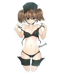 Rule 34 | 10s, 1girl, black bra, black panties, blush, bow, bow panties, bra, breasts, brown eyes, brown hair, collarbone, cowboy shot, cropped legs, hachimitsu (hati718), kantai collection, navel, open bra, panties, ryuujou (kancolle), short hair, simple background, small breasts, smile, solo, strap slip, twintails, twitter username, underwear, underwear only, undressing, unfastened, visor cap, white background