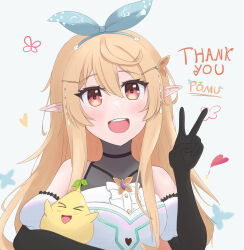 Rule 34 | 1girl, artist request, black gloves, blonde hair, bow, bug, butterfly, character name, elbow gloves, english text, flower, gloves, hair bow, highres, insect, long hair, nijisanji, nijisanji en, non-web source, pointy ears, pomu rainpuff, pomu rainpuff (1st costume), red eyes, ribbon, smile, solo, source request, thank you, v
