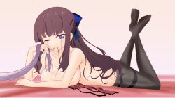 Rule 34 | 10s, 1girl, ;), ass, black pantyhose, blue bow, blue eyes, blush, bow, bra, unworn bra, breasts, collarbone, crossed legs, hair bow, hair in own mouth, head tilt, highres, legs up, long hair, looking at viewer, lying, medium breasts, new game!, on stomach, one eye closed, out of frame, pantyhose, purple hair, red bra, smile, solo focus, suzukaze aoba, sweat, takefumi, takimoto hifumi, the pose, thighband pantyhose, topless, underwear, very long hair
