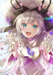 Rule 34 | 1girl, absurdres, blue eyes, breasts, dress, fate/grand order, fate (series), flower, frilled hat, frills, gloves, grey hair, hair flower, hair ornament, hat, heart, highres, large hat, long hair, marie antoinette (fate), marie antoinette (third ascension) (fate), medium breasts, multicolored clothes, multicolored dress, open mouth, pink flower, pink rose, purple flower, purple rose, red flower, red rose, rose, signature, solo, totomiya, very long hair, white dress, white gloves, white hat