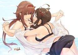 Rule 34 | 2girls, adapted costume, ahoge, bikini, black bikini, blue eyes, braid, brown eyes, brown hair, commentary request, eye contact, fuwafuwatoufu, hair flaps, hair ornament, hair over shoulder, hairband, holding hands, jacket, kantai collection, looking at another, low twintails, multiple girls, official alternate costume, one-hour drawing challenge, red hairband, shigure (kancolle), shigure kai ni (kancolle), shiratsuyu (kancolle), shiratsuyu kai ni (kancolle), shorts, single braid, swimsuit, twintails, white jacket, white shorts