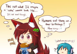 Rule 34 | 2girls, :3, :t, ?, animal ear fluff, animal ears, blue hair, brown hair, dress, eating, english text, fins, gameplay mechanics, head fins, imaizumi kagerou, long hair, md5 mismatch, mg mg, multiple girls, red eyes, simple background, tail, team fortress 2, thought bubble, touhou, upper body, very long hair, wakasagihime, wolf ears, wolf tail, wool (miwol), | |