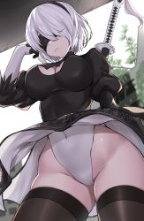 Rule 34 | 1girl, 2b (nier:automata), absurdres, black blindfold, black dress, black hairband, black thighhighs, blindfold, breasts, cleavage cutout, clothing cutout, cloud, cloudy sky, covered eyes, covered navel, cowboy shot, curvy, day, dress, feather-trimmed sleeves, from below, gloves, groin, hairband, hand on own face, highleg, highleg leotard, highres, juliet sleeves, kirikan (cokekiri), large breasts, leotard, leotard under clothes, long sleeves, mole, mole under mouth, nier:automata, nier (series), outdoors, overgrown, puffy sleeves, ruins, shiny skin, short hair, silver hair, sky, solo, sword, sword behind back, thighhighs, thong leotard, weapon, white leotard, white sky, wide hips