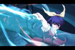 Rule 34 | 1girl, aono meri, bad id, bad twitter id, belt, border, covering own mouth, dress, glowing, glowing weapon, gradient background, hair ornament, hair ribbon, image sample, katana, letterboxed, long hair, looking at viewer, md5 mismatch, outstretched arm, ponytail, puffy sleeves, purple hair, resized, ribbon, short sleeves, solo, sword, touhou, twitter username, watatsuki no yorihime, weapon
