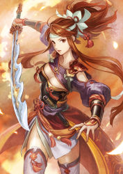 Rule 34 | 1girl, absurdres, arm up, breasts, brown eyes, brown hair, chinese clothes, cleavage, cowboy shot, floating hair, grey thighhighs, hair ribbon, headband, highres, holding, holding sword, holding weapon, iwamoto zerogo, kaihime, knife, long hair, looking at viewer, medium breasts, open mouth, original, ribbon, solo, standing, sword, thighhighs, toukiden, toukiden kiwami, very long hair, weapon, white ribbon
