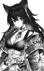 Rule 34 | 1girl, animal ears, ascot, breasts, cleavage, closed mouth, coat, earrings, empty eyes, granblue fantasy, granblue fantasy versus, greyscale, hair between eyes, high-waist skirt, highres, jewelry, long hair, long sleeves, looking at viewer, medium breasts, monochrome, monogrbl, nier (granblue fantasy), open clothes, open coat, raised eyebrows, single earring, skirt, solo, tank top, upper body
