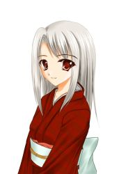Rule 34 | 00s, 1girl, fate/stay night, fate (series), illyasviel von einzbern, japanese clothes, kimono, looking at viewer, red eyes, ryuushou, silver hair, simple background, solo, unmoving pattern, white background