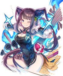 Rule 34 | 1girl, bare shoulders, black dress, blue eyes, blunt bangs, blush, breasts, china dress, chinese clothes, cleavage, detached sleeves, dress, fate/grand order, fate (series), hair ornament, haku (sabosoda), large breasts, leaf hair ornament, long hair, looking at viewer, purple hair, sidelocks, simple background, solo, sparkle, thighs, twintails, very long hair, white background, yang guifei (fate), yang guifei (second ascension) (fate)