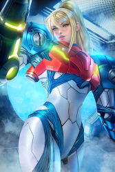 Rule 34 | 1girl, arm cannon, armor, ayya sap, fog, formal, looking at viewer, metroid, metroid dread, mole, mole under mouth, nintendo, no headwear, parted lips, ponytail, power armor, samus aran, smile, solo, suit, weapon
