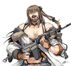 Rule 34 | 1boy, abs, ammunition pouch, assault rifle, bare shoulders, beard, black gloves, brown eyes, brown hair, chest hair, collarbone, commentary, daewoo k2, detached collar, facial hair, fingerless gloves, girls&#039; frontline, gloves, gun, hair ornament, hairclip, highres, holding, holding weapon, jacket, k2 (girls&#039; frontline), kws, long hair, long sleeves, looking at viewer, male focus, manly, mustache, navel, off shoulder, one side up, open clothes, open jacket, open mouth, panties, pouch, rifle, simple background, smile, solo, standing, strap, suspenders, underwear, veins, weapon, white background, white jacket