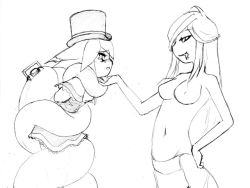 Rule 34 | 2girls, breasts, camel (dansen), chrono (camel), coiled, female focus, forked tongue, hat, lamia, monochrome, monster girl, multiple girls, navel, original, pocket watch, profile, tongue, tongue out, top hat, watch