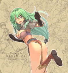 Rule 34 | 1girl, black gloves, boots, breasts, brown eyes, capelet, cleavage, gloves, green hair, hair tubes, long hair, looking back, low-tied long hair, mage (ragnarok online), magician, morii shizuki, one eye closed, pelvic curtain, ragnarok online, solo, thighs, wink