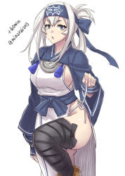 Rule 34 | 1girl, ainu clothes, blue eyes, blue headband, cowboy shot, cropped jacket, folded ponytail, fundoshi, grey eyes, headband, japanese clothes, kamoi (kancolle), kantai collection, leg wrap, looking at viewer, minarai, one-hour drawing challenge, pelvic curtain, side ponytail, sidelocks, simple background, solo, standing, standing on one leg, thick eyebrows, thighhighs, white background, white hair, wrist guards