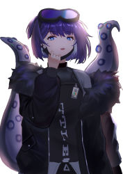 Rule 34 | 1girl, absurdres, andreana (arknights), arknights, black jacket, black shirt, blue eyes, blue hair, commentary request, fur-trimmed jacket, fur trim, goggles, goggles on head, hand up, highres, jacket, long sleeves, longyu (17767756), looking at viewer, open mouth, shirt, short hair, simple background, solo, tentacles, upper body, white background