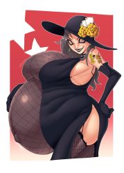Rule 34 | 1girl, atlus, big belly, breasts, card, collar, earrings, elbow gloves, eyeshadow, female focus, flower, gloves, grey hair, hellbrain, highres, huge breasts, jewelry, lipstick, long hair, looking at viewer, makeup, niijima sae, persona, persona 5, playing card, pregnant, solo, spiked collar, spikes, tattoo, thighhighs, yellow eyes