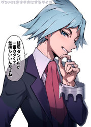 Rule 34 | 1boy, ascot, black jacket, blue eyes, blue hair, blush, collared shirt, creatures (company), game freak, grin, half-closed eye, hand on own chin, hand up, happy, highres, jacket, japanese text, jewelry, light blush, long sleeves, looking at viewer, maki (letusgomaki), male focus, matching hair/eyes, multiple rings, nintendo, one eye closed, open clothes, open jacket, pokemon, pokemon oras, purple vest, red ascot, ring, shirt, short hair, sidelocks, smile, solo, speech bubble, spiked hair, steven stone, stroking own chin, talking, teeth, translation request, upper body, vest, white shirt, wink