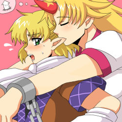 Rule 34 | 2girls, bad id, bad pixiv id, biting, blonde hair, blush, biting ear, female focus, green eyes, horns, hoshiguma yuugi, inaho, long hair, mizuhashi parsee, multiple girls, pointy ears, short hair, simple background, single horn, touhou, upper body