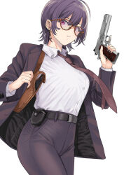 Rule 34 | 1girl, belt, belt pouch, breasts, brown suit, coat, collared shirt, earrings, formal, glasses, gun, hair between eyes, handgun, highres, holding, holding weapon, holster, jacket, jewelry, large breasts, looking at viewer, m1911, necktie, original, parted lips, pouch, purple eyes, red-framed eyewear, red necktie, shirt, short hair, shoulder holster, simple background, pants, solo, suit, trigger discipline, tsurui, weapon, weapon case, white background, white shirt