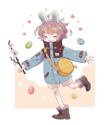 Rule 34 | 1other, absurdres, animal ears, bad id, bad pixiv id, bag, bandaid, bandaid on knee, bandaid on leg, blue coat, blush, boots, branch, brown footwear, brown hair, cherry blossoms, child, closed eyes, coat, easter egg, egg, eyewear on head, fang, flower, glasses, high collar, highres, holding, holding branch, open mouth, original, pink flower, rabbit ears, running, short hair, shorts, shoulder bag, skin fang, smile, solo, sorata123, standing, standing on one leg, two-tone background, white shorts, yellow-framed eyewear