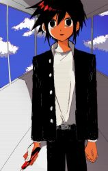 Rule 34 | 1boy, arms at sides, belt, black belt, black eyes, black hair, black jacket, black pants, blue sky, boxcutter, clenched hand, cloud, gakuran, hallway, high collar, highres, holding boxcutter, indoors, jacket, jaggy lines, looking at viewer, male focus, nen (nencha 888), open clothes, open jacket, open mouth, pants, randal&#039;s friends, scanlines, school uniform, shirt, shirt tucked in, short hair, sky, smile, solo, surreal, tsukada satoru, vanishing point, white shirt, window