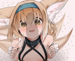 Rule 34 | 1girl, absurdres, animal ears, arknights, bandaid, bandaids on nipples, bare shoulders, blonde hair, blue hairband, blush, brown eyes, collar, empty eyes, flat chest, fox ears, fox girl, fox tail, gradient hair, hairband, hand up, highres, infection monitor (arknights), kokihanada, long hair, looking at penis, material growth, multicolored hair, multiple tails, open mouth, oripathy lesion (arknights), pasties, penis awe, simple background, solo, suzuran (arknights), tail, upper body, white background, white hair