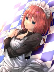 Rule 34 | 1girl, apron, black dress, blue eyes, blush, breasts, cleavage, commentary request, dress, dress shirt, highres, hisui (tsukihime), juliet sleeves, large breasts, long sleeves, looking at viewer, lying, maid, maid apron, maid headdress, own hands together, parted lips, puffy sleeves, red hair, shirt, short hair, solo, sunlight, tsukihime, vent vert (kuuya)