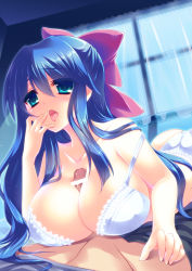 Rule 34 | 1boy, 1girl, ass, bar censor, bare shoulders, blue eyes, blue hair, bow, bra, breasts, censored, cleavage, collarbone, curtains, hair bow, handsfree paizuri, hayase miyuki, hetero, highres, hlz, large breasts, long hair, lying on person, non-web source, open mouth, original, paizuri, paizuri under clothes, panties, penis, solo focus, strap slip, tongue, triangle!, trif, underwear, underwear only, white bra, white panties, window