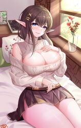 Rule 34 | 1girl, bare shoulders, bed, blue eyes, book, breasts, brown hair, cleavage, cup, dot nose, dress, elf, flower, frilled skirt, frills, glass, grin, hair between eyes, hair ornament, hairclip, hand on own chest, highres, indoors, large breasts, legs together, long bangs, long hair, long pointy ears, looking at viewer, meme attire, miniskirt, nanoda002 (saber427), off-shoulder dress, off shoulder, original, parted lips, pillow, pointy ears, signature, skirt, smile, solo, sunlight, thighs, virgin killer sweater, white sleeves, windowsill, x hair ornament
