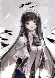 Rule 34 | 1girl, absurdres, arknights, arms behind back, artist name, ascot, belt, belt buckle, black ascot, black bustier, black eyes, black hair, black halo, black skirt, black wings, blunt bangs, breasts, broken halo, buckle, bustier, buttons, chinese commentary, chinese text, collared jacket, colored inner hair, commentary request, cowboy shot, dark halo, detached wings, dress shirt, energy wings, eyelashes, from side, grey background, grey hair, grey shirt, halo, hatching (texture), head tilt, highres, hime cut, jacket, layered sleeves, linear hatching, long hair, long sleeves, looking at viewer, medium breasts, multicolored hair, ombre t, open mouth, pale skin, pleated skirt, shirt, short over long sleeves, short-sleeved jacket, short sleeves, sidelocks, skirt, smile, solo, standing, teeth, tongue, two-tone background, two-tone hair, upper teeth only, very long hair, virtuosa (arknights), watermark, weibo logo, weibo watermark, white background, white belt, white jacket, wide sleeves, wing collar, wings