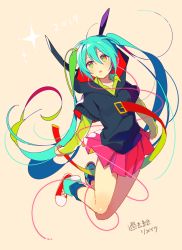 Rule 34 | 1girl, 2019, 4 (nakajima4423), alternate color, green hair, hatsune miku, hood, layered sleeves, long hair, long sleeves, miniskirt, multicolored hair, parted lips, short over long sleeves, short sleeves, skirt, solo, twintails, vocaloid