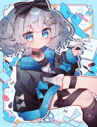 Rule 34 | 1girl, absurdres, belt, black bow, black collar, black hairband, black jacket, blue border, blue eyes, blue jacket, blush, book, border, bow, collar, colored pencil, eringikinono, feet out of frame, from side, grey hair, hair between eyes, hair bow, hairband, highres, holding, holding pen, jacket, legs together, long sleeves, looking at viewer, notebook, notepad, open book, open clothes, open jacket, original, pen, pencil, quilted jacket, raised eyebrows, ruler, scissors, shirt, short twintails, sidelocks, sleeveless, sleeveless shirt, solo, tape dispenser, thigh belt, thigh strap, thighs, twintails, two-sided fabric, two-sided jacket, white shirt