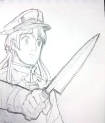 Rule 34 | 10s, 1girl, anchor hair ornament, atsushi (aaa-bbb), blank stare, constricted pupils, gloves, graphite (medium), greyscale, hair ornament, hat, highres, holding, holding knife, kantai collection, knife, low twintails, military, military hat, military uniform, monochrome, peaked cap, prinz eugen (kancolle), solo, traditional media, tsuiji uogashi sandaime, tsukiji uogashi sandaime, twintails, uniform, weapon, yandere