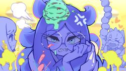 Rule 34 | 3girls, angry, animal ears, blue eyes, closed eyes, donuttypd, food, frown, glasses, hand on own cheek, hand on own face, hand up, happy, heart, hood, hoodie, ice cream, layla (donuttypd), long hair, looking ahead, looking at viewer, messy, mint chocolate, mole, multiple girls, open mouth, original, paisley (donuttypd), ririka (donuttypd), round eyewear, sharp teeth, smile, splatter, sweatdrop, teeth, wolf ears