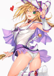Rule 34 | 1girl, ;d, alternate color, arm up, armpits, ass, bare shoulders, blonde hair, blush, boots, breasts, choker, cleavage, dark magician girl, duel monster, from behind, gem, green eyes, heart, helmet, highres, holding, holding staff, knee boots, looking back, medium breasts, one eye closed, open mouth, panties, partially visible vulva, red gemstone, revision, shiny skin, smile, solo, staff, thighs, ts422, twisted torso, underwear, white footwear, white panties, yu-gi-oh!, yu-gi-oh! duel monsters