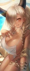 Rule 34 | 1girl, absurdres, asymmetrical bangs, azur lane, blonde hair, blush, bracelet, braid, breasts, cleavage, dark-skinned female, dark skin, earrings, gold choker, grin, hair over one eye, highres, horns, huge breasts, jewelry, long hair, looking at viewer, mole, mole under mouth, nail polish, nanimonine9, official alternate costume, one-piece swimsuit, one eye covered, owari (azur lane), owari (shimmering forsythia) (azur lane), smile, solo, swimsuit, thick thighs, thighlet, thighs, twin braids, v, v over breast, very long hair, white nails, white one-piece swimsuit, white swimsuit, yellow eyes