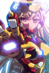 Rule 34 | 1girl, alternate costume, armor, blonde hair, breasts, cinia pacifica, cosplay, crossover, iron man, iron mon (cosplay), lens flare, looking at viewer, lowres, marvel, masinhwangje, mask, open mouth, outstretched hand, pink eyes, power armor, smile, solo, sword girls