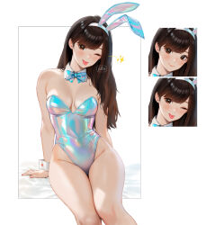 Rule 34 | 1girl, absurdres, animal ear hairband, animal ears, artist logo, black hair, blush, breasts, brown eyes, cleavage, commentary, covered navel, detached collar, english commentary, fake animal ears, hairband, highres, inset, leotard, looking at viewer, multiple views, nontraditional playboy bunny, one eye closed, original, playboy bunny, rabbit ear hairband, rabbit ears, regiana (jubi), shiny clothes, sitting, sparkle, strapless, strapless leotard, tongue, tongue out, wrist cuffs