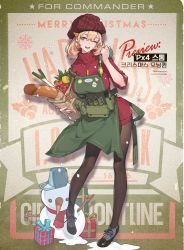 Rule 34 | 1girl, apron, bag, baguette, beretta px4 storm, bread, carrot, cheese, christmas, food, full body, gift, girls&#039; frontline, grocery bag, gun, handgun, hat, holster, holstered, official alternate costume, official art, one eye closed, pantyhose, paper bag, px4 storm (girls&#039; frontline), px4 storm (queen of x&#039;mas morning) (girls&#039; frontline), shopping bag, snowman, solo, spring onion, sweater, tomato, weapon