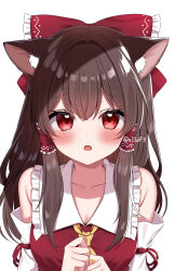 Rule 34 | 1girl, animal ear fluff, animal ears, ascot, blush, bow, breasts, brown hair, cat ears, cleavage, commentary request, detached sleeves, frilled bow, frilled hair tubes, frills, hair bow, hair tubes, hakurei reimu, heart, heart in eye, highres, long hair, looking at viewer, medium breasts, open mouth, red bow, red eyes, shinonome asu, solo, symbol in eye, touhou, twitter username, yellow ascot