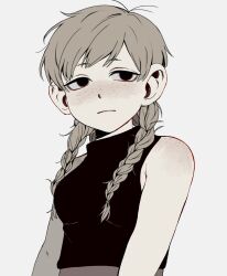 Rule 34 | 1girl, bare shoulders, belt, body freckles, braid, breasts, closed mouth, dungeon meshi, freckles, frown, hair over breasts, hair over shoulder, halfling, highres, large ears, long hair, looking at viewer, mayjack (dungeon meshi), monochrome, pinnosuke, simple background, sleeveless, sleeveless turtleneck, solo, swept bangs, tareme, turtleneck, twin braids, twintails, upper body