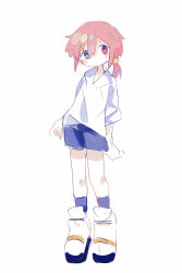 Rule 34 | 1boy, absurdres, blue eyes, blue shorts, blue socks, blush, bright pupils, closed mouth, commentary request, dot mouth, full body, hair between eyes, hair tie, heterochromia, highres, hood, hoodie, looking at viewer, male focus, original, pink eyes, pink hair, raito-kun (uenomigi), shoes, short hair, shorts, sidelocks, simple background, socks, solo, standing, two-tone footwear, uenomigi, white background, white footwear, white hoodie, white pupils, yellow stripe