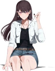 1girl absurdres bang_dream! bang_dream!_it&#039;s_mygo!!!!! belt black_hair blush breasts crow_(krouw) earbuds earphones earrings hair_between_eyes highres jewelry long_hair looking_at_viewer mole mole_under_eye purple_eyes shiina_taki sitting skirt small_breasts smile solo